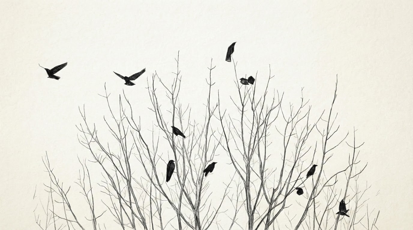 Birds on winter branches, pencil on paper